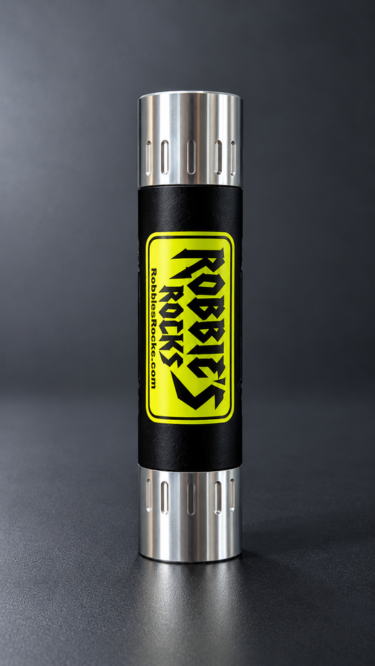 Robbie's Rocks UV mineral light standing upright, black body with a neon yellow Robbie's Rocks label between silver slotted aluminum end caps.